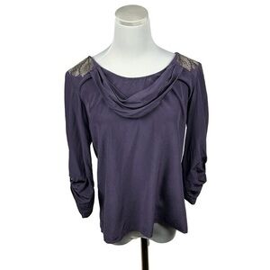 Tibi Blouse Women 4 Purple 100% Silk Roll Tab Sleeve Embellished Beaded Feathers